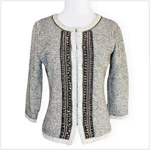 MM Couture Miss Me Black Ivory Mottled 3/4 Sleeve Beaded Cardigan Sweater M